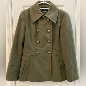 Women’s Green Guess‎ Pea Coat, Wool Blend, Structured, Brass Buttons, Pockets